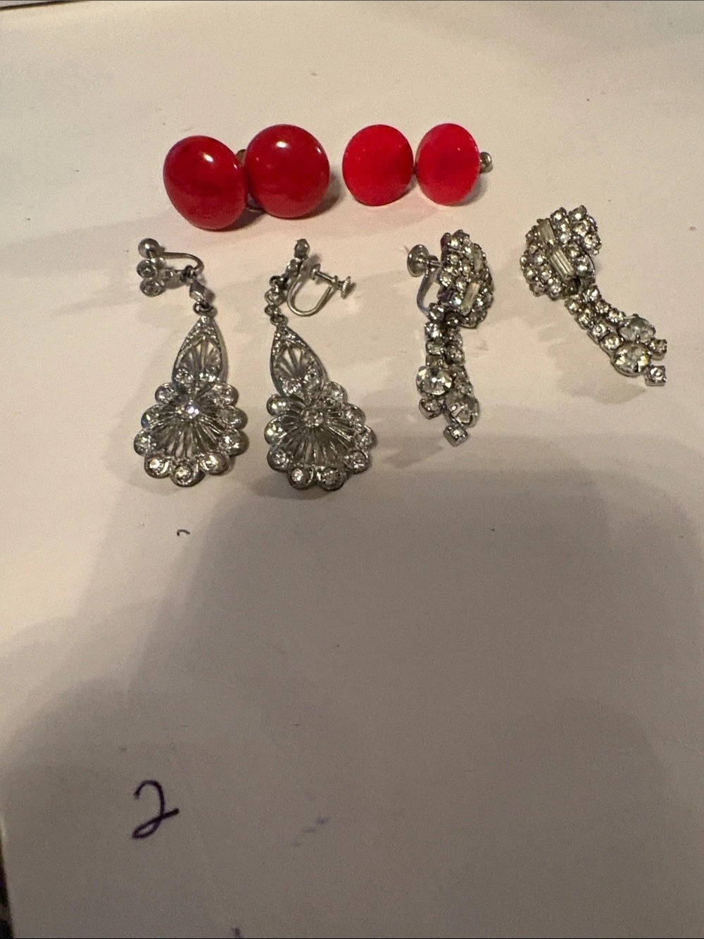 Vintage Red & Silver Rhinestone Screw-On Earrings Set